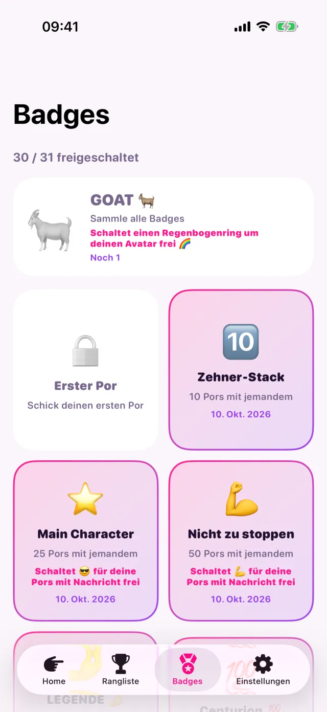 Die Badge-Sammlung, mit dem GOAT Badge ganz oben.