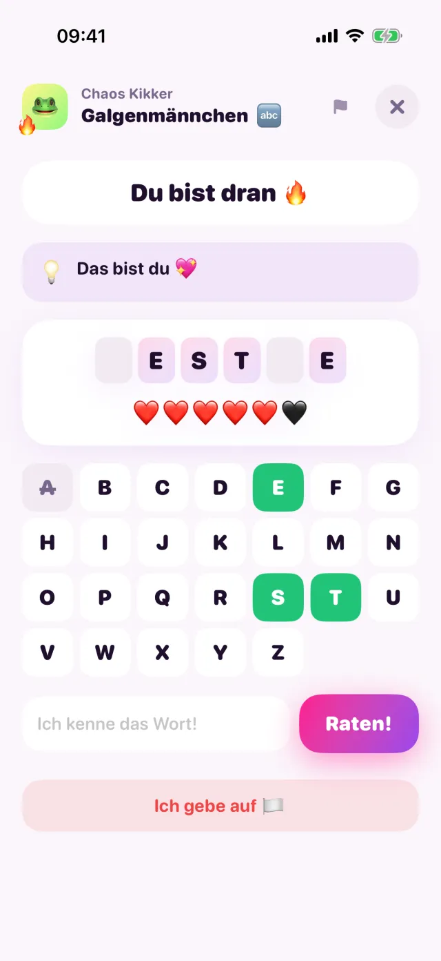 Galgenmännchen in porpor, mitten im Spiel.