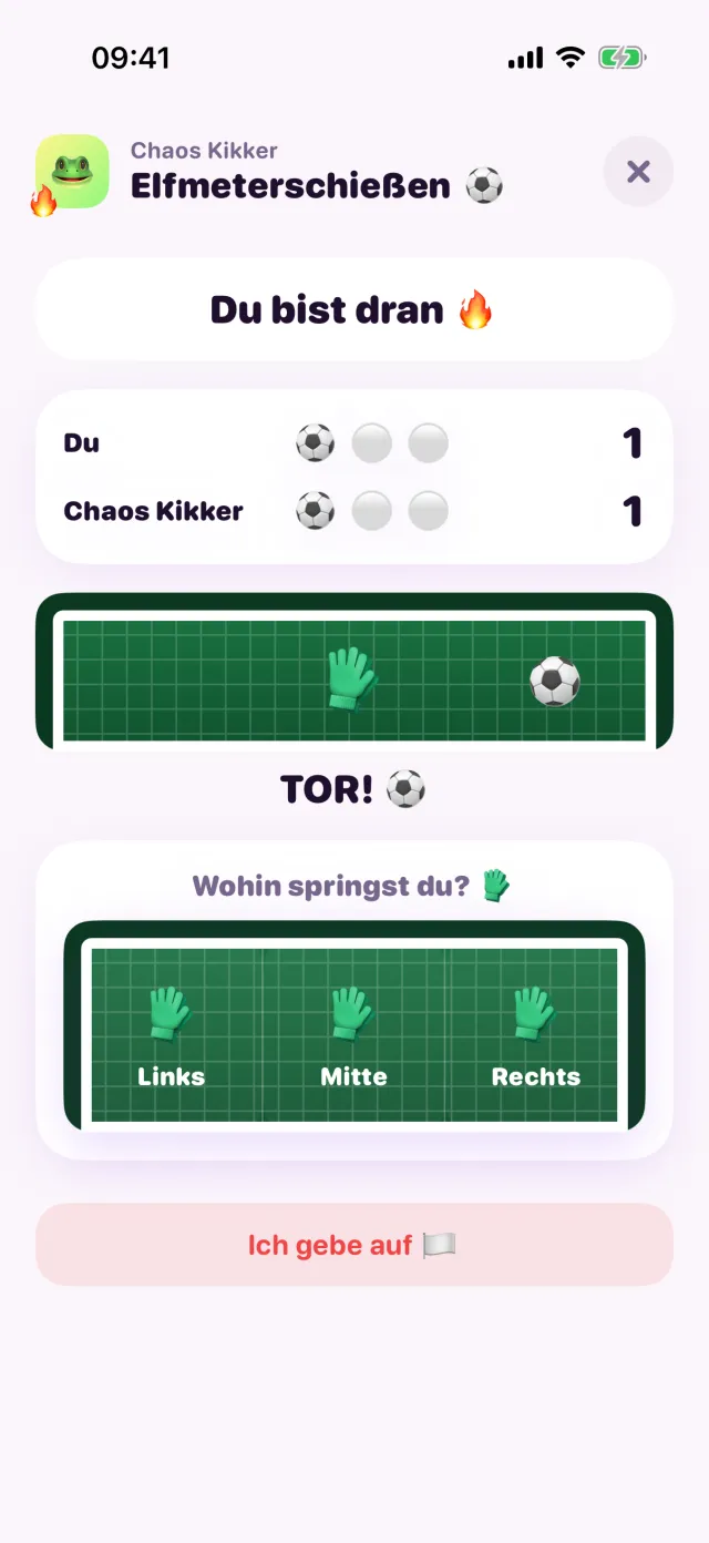 Elfmeterschießen in porpor, mitten im Spiel.