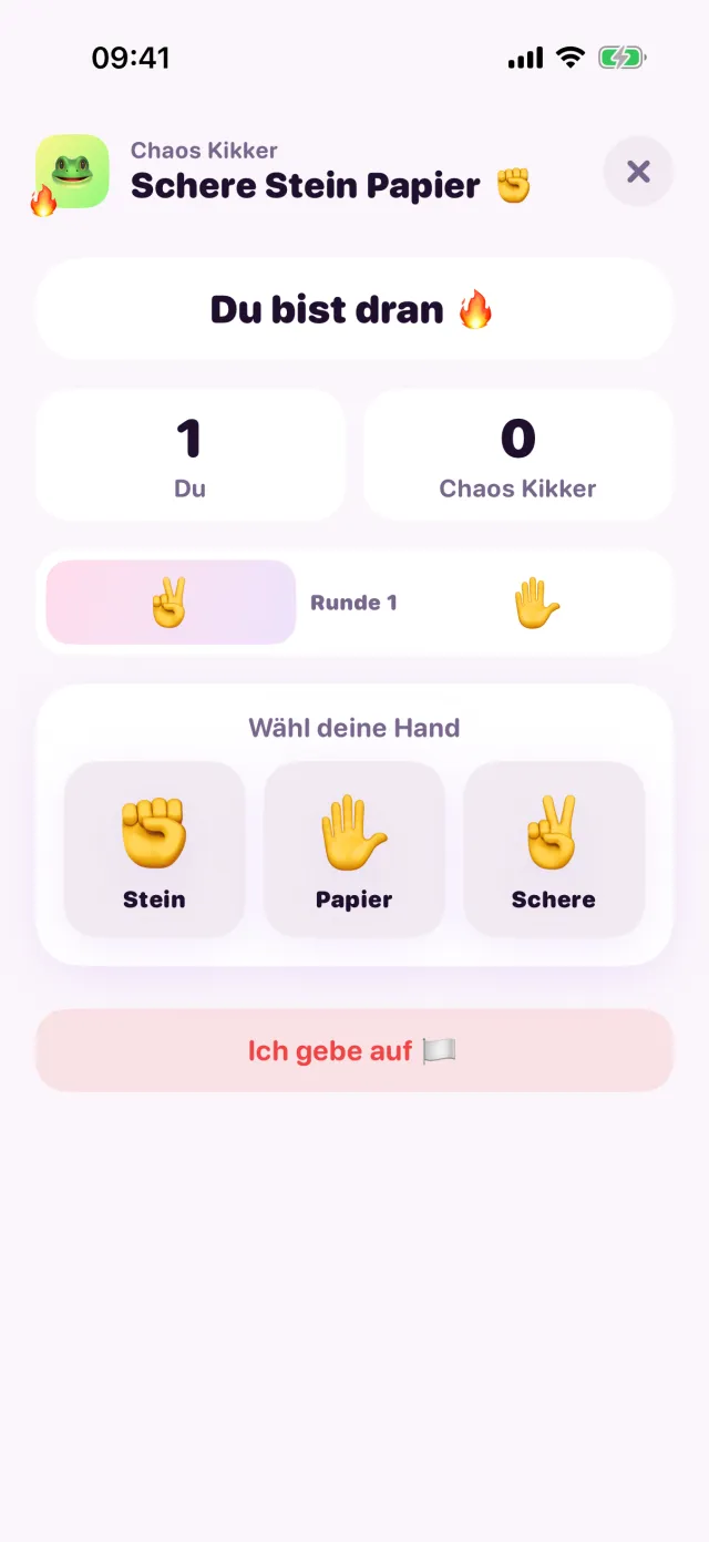 Schere Stein Papier in porpor, mitten im Spiel.