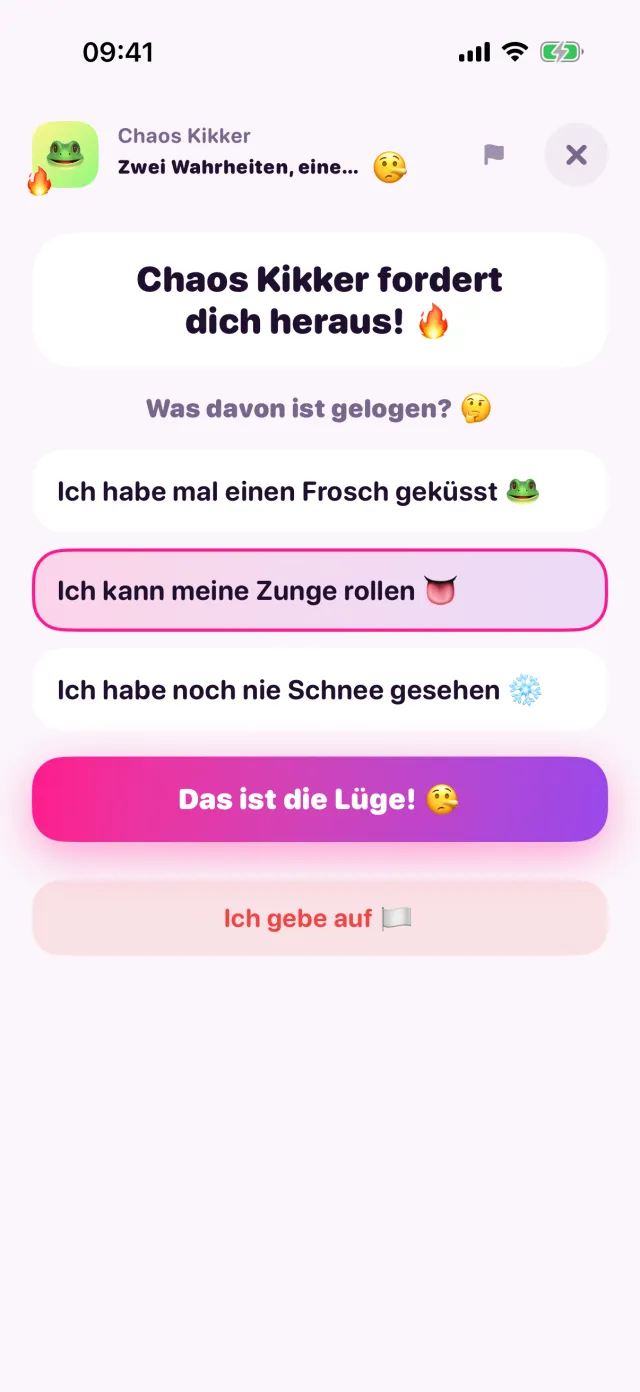 Zwei Wahrheiten, eine Lüge in porpor, mitten im Spiel.