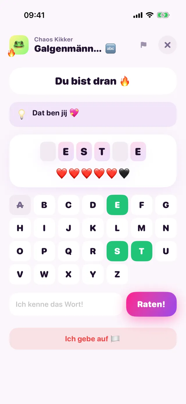 Eine Runde Galgenmännchen in POR GAMES, mit Herzen als Leben.