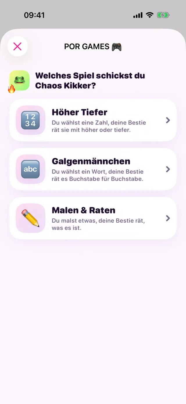 Die Auswahl aus drei POR GAMES: Höher oder Tiefer, Galgenmännchen und Zeichnen & Raten.
