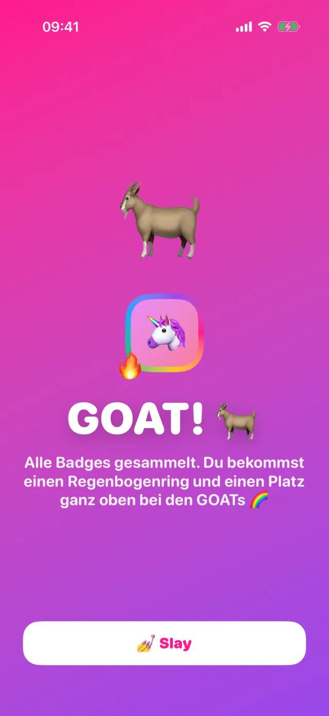 Der Feierbildschirm des GOAT Badges, mit einem Regenbogenring um den Avatar.