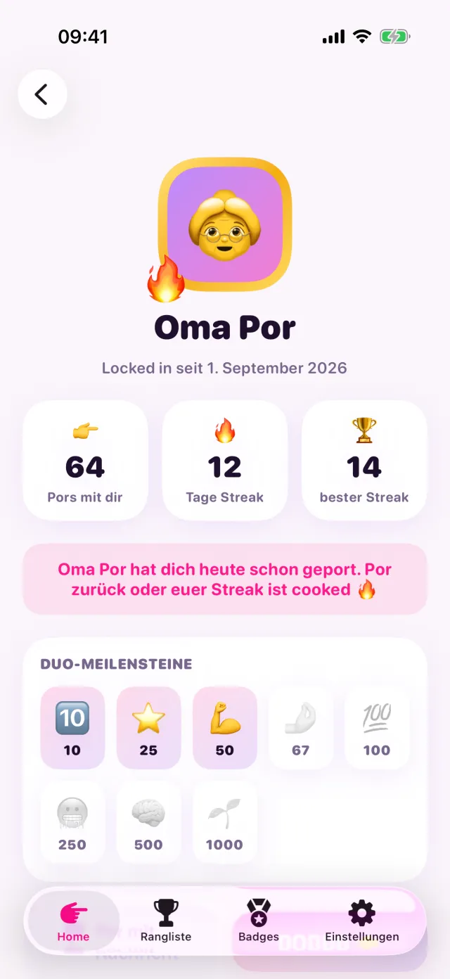 Das Profil eines Besties mit der Anzahl Pors, dem Streak und den Meilensteinen des Duos.