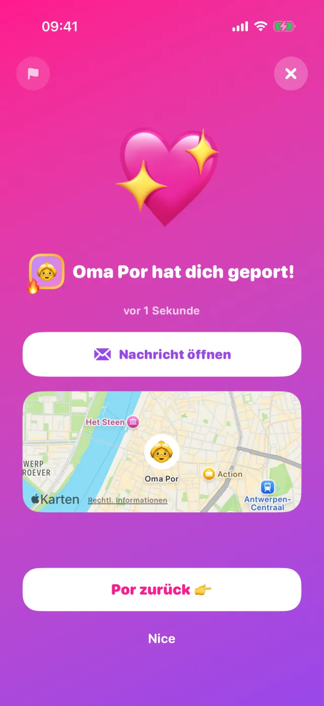 Ein empfangener Por mit einer Nachricht, die nach dem Lesen verschwindet, und einer Karte mit dem Standort.