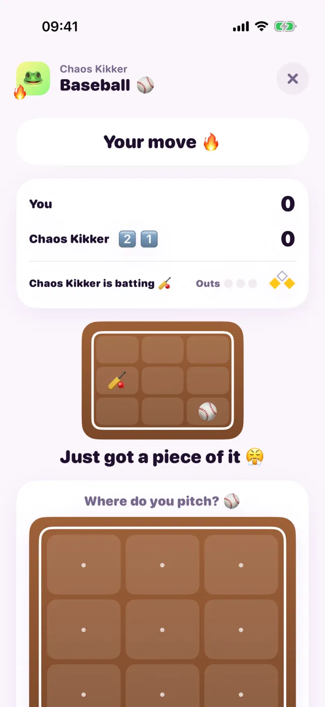 Baseball in porpor, halfway through a game.
