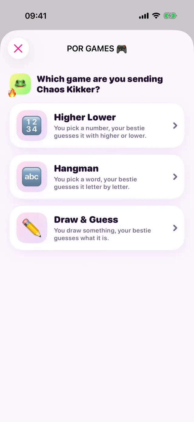 Picking one of three POR GAMES: higher or lower, hangman and draw & guess.