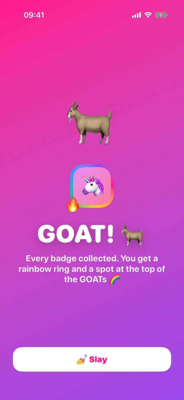 The celebration screen of the GOAT badge, with a rainbow ring around the avatar.