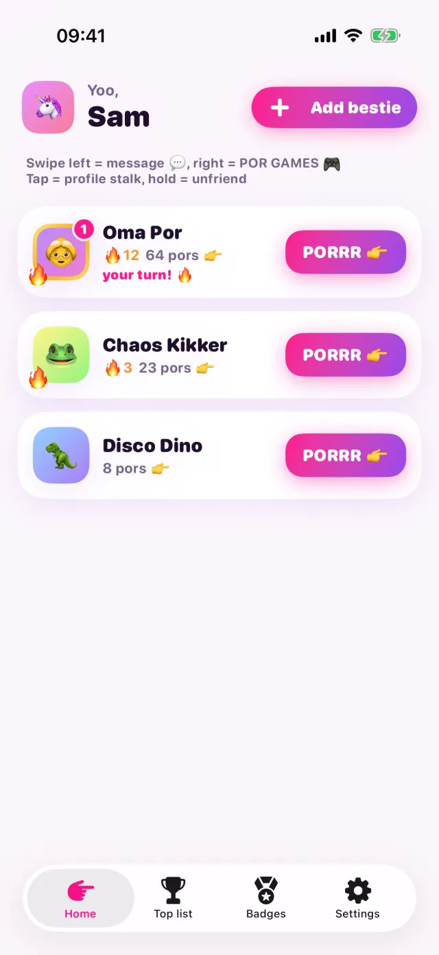 The porpor home screen with three besties, their streaks and a PORRR button for each.