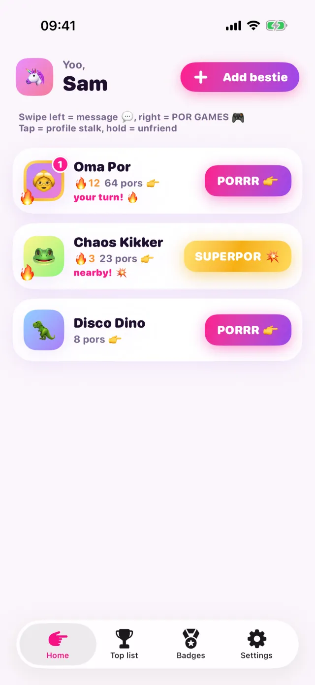 The home screen with a SUPERPOR button next to a bestie who is close by.