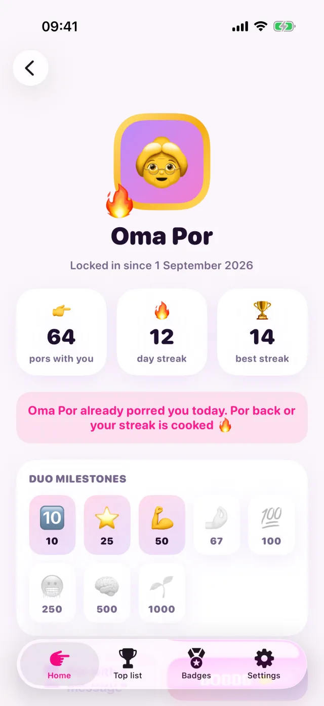A bestie's profile with the number of pors, the streak and the duo milestones.