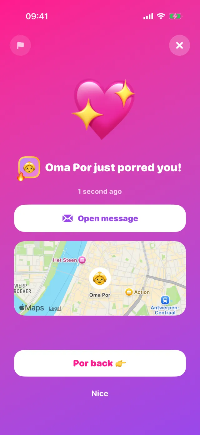 A por that just came in, with a message that disappears after reading and a map of the location.
