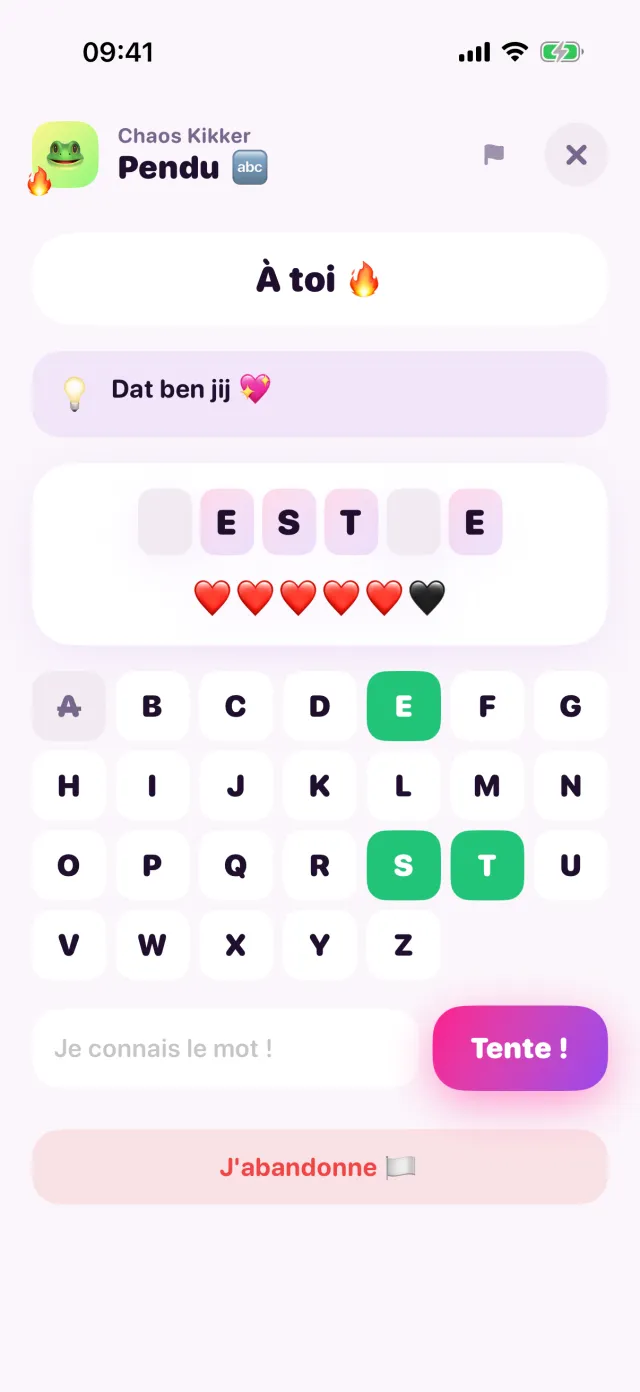 Une partie de pendu dans les POR GAMES, avec des cœurs comme vies.