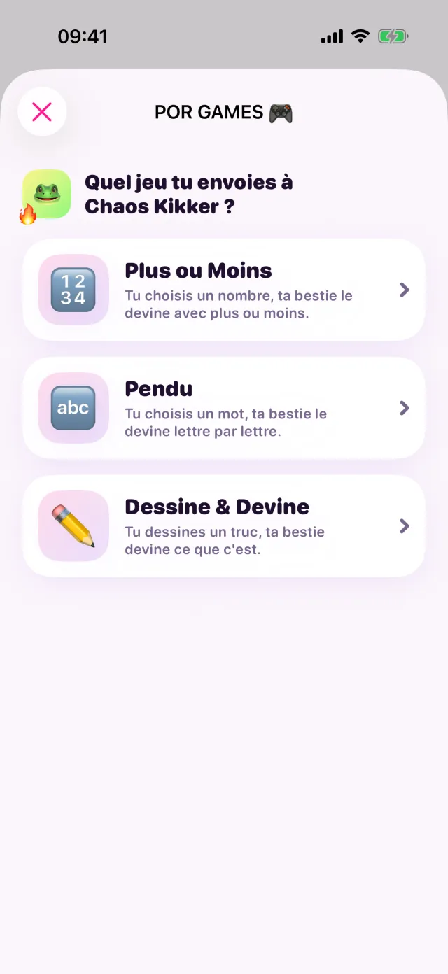 Le choix entre trois POR GAMES : plus ou moins, pendu et dessine et devine.