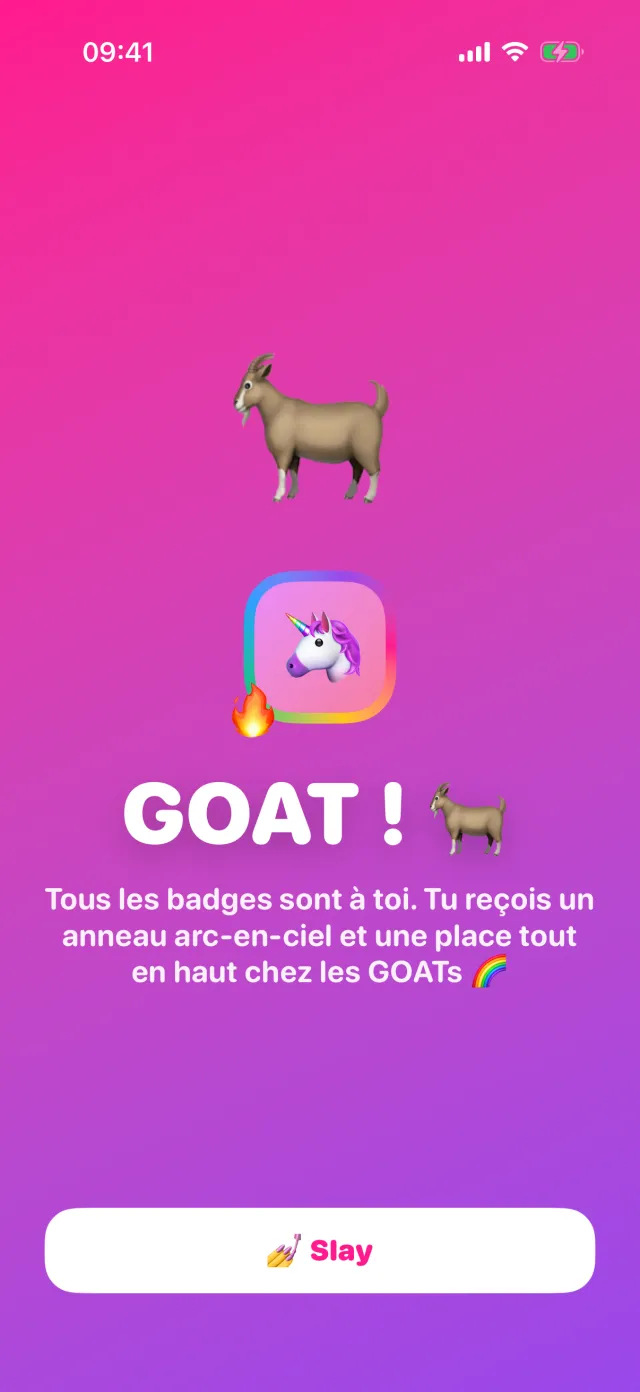 L'écran de célébration du badge GOAT, avec un anneau arc-en-ciel autour de l'avatar.