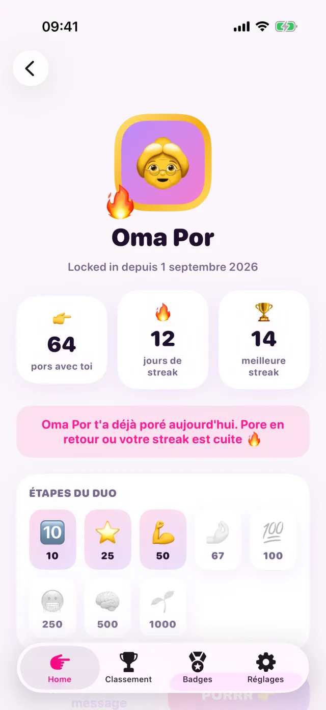 Le profil d'une bestie avec le nombre de pors, la streak et les étapes du duo.