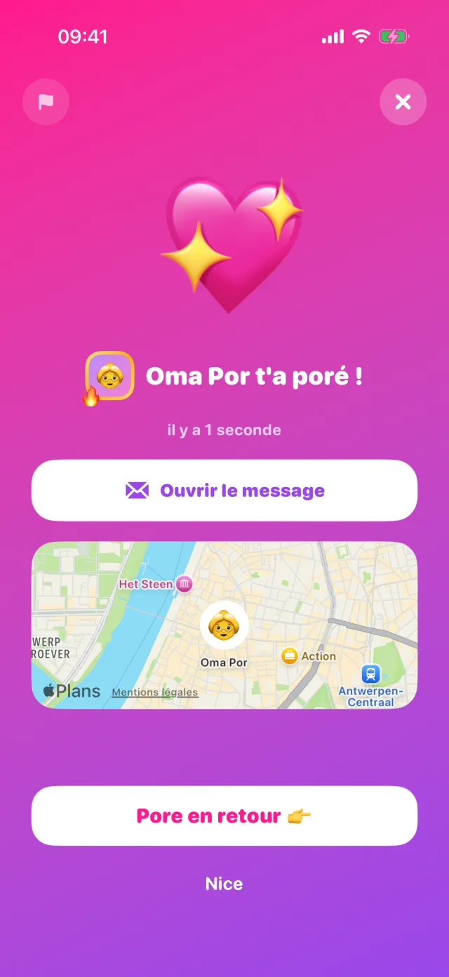 Un por reçu, avec un message qui disparaît après lecture et une carte de la position.