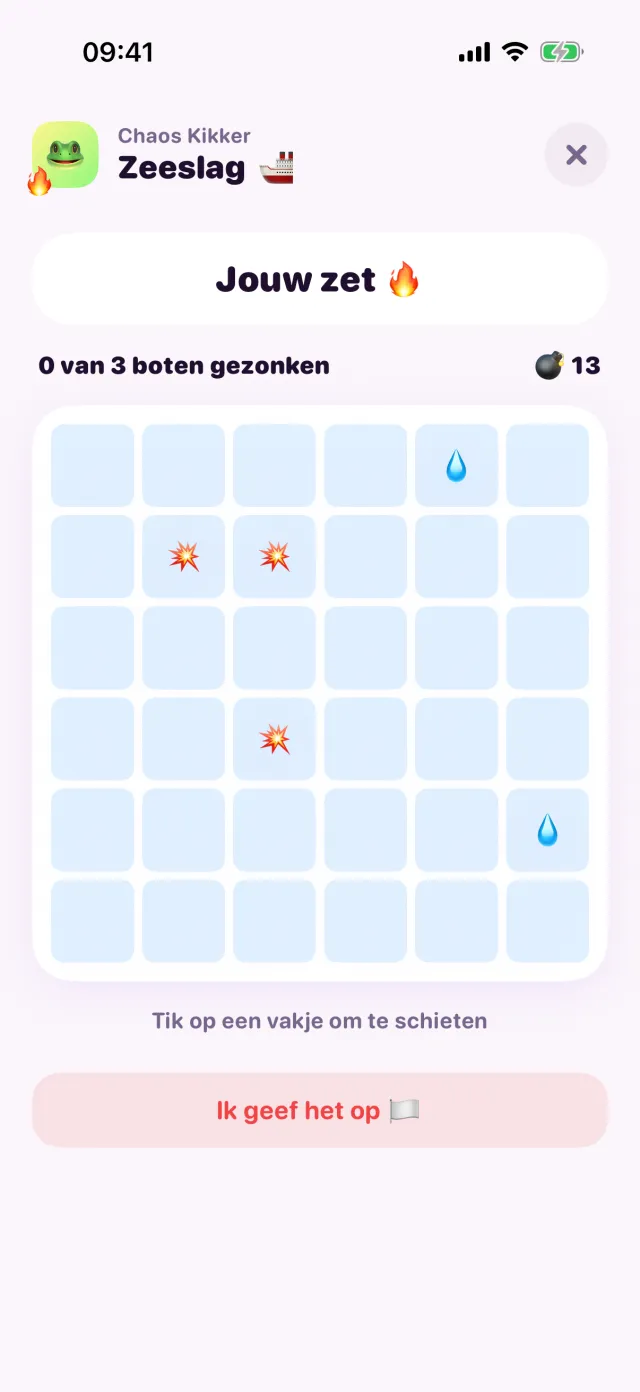 Zeeslag in porpor, midden in een spelletje.