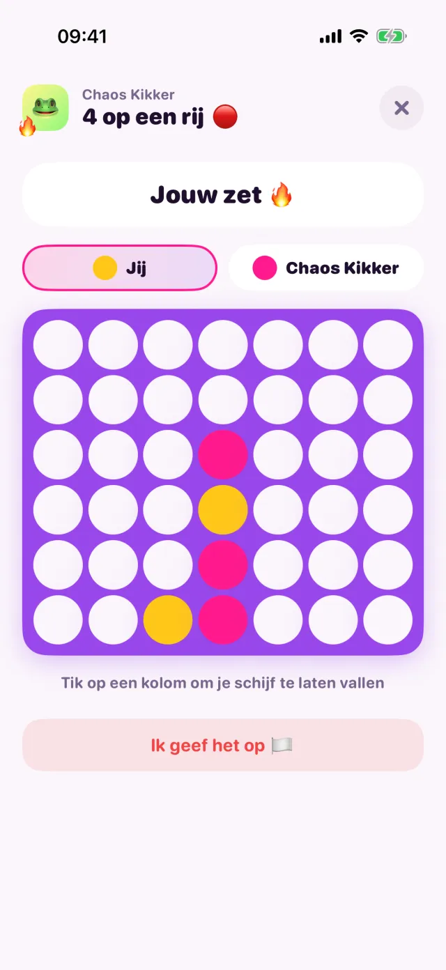 4 op een rij in porpor, midden in een spelletje.