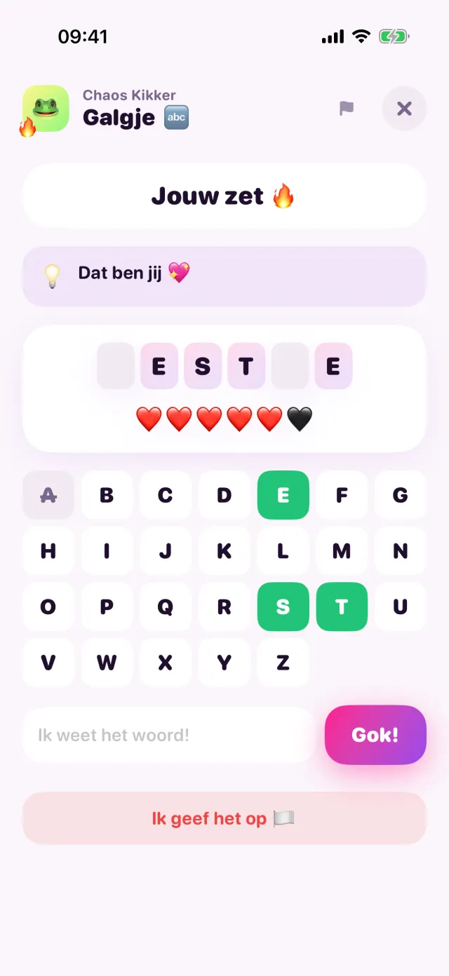 Galgje in porpor, midden in een spelletje.