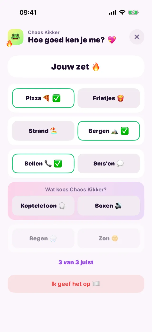 Hoe goed ken je me? in porpor, midden in een spelletje.