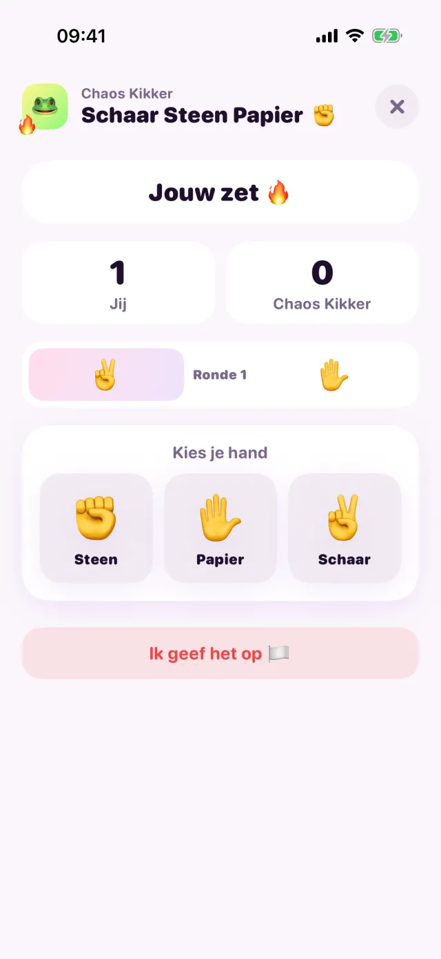 Schaar Steen Papier in porpor, midden in een spelletje.