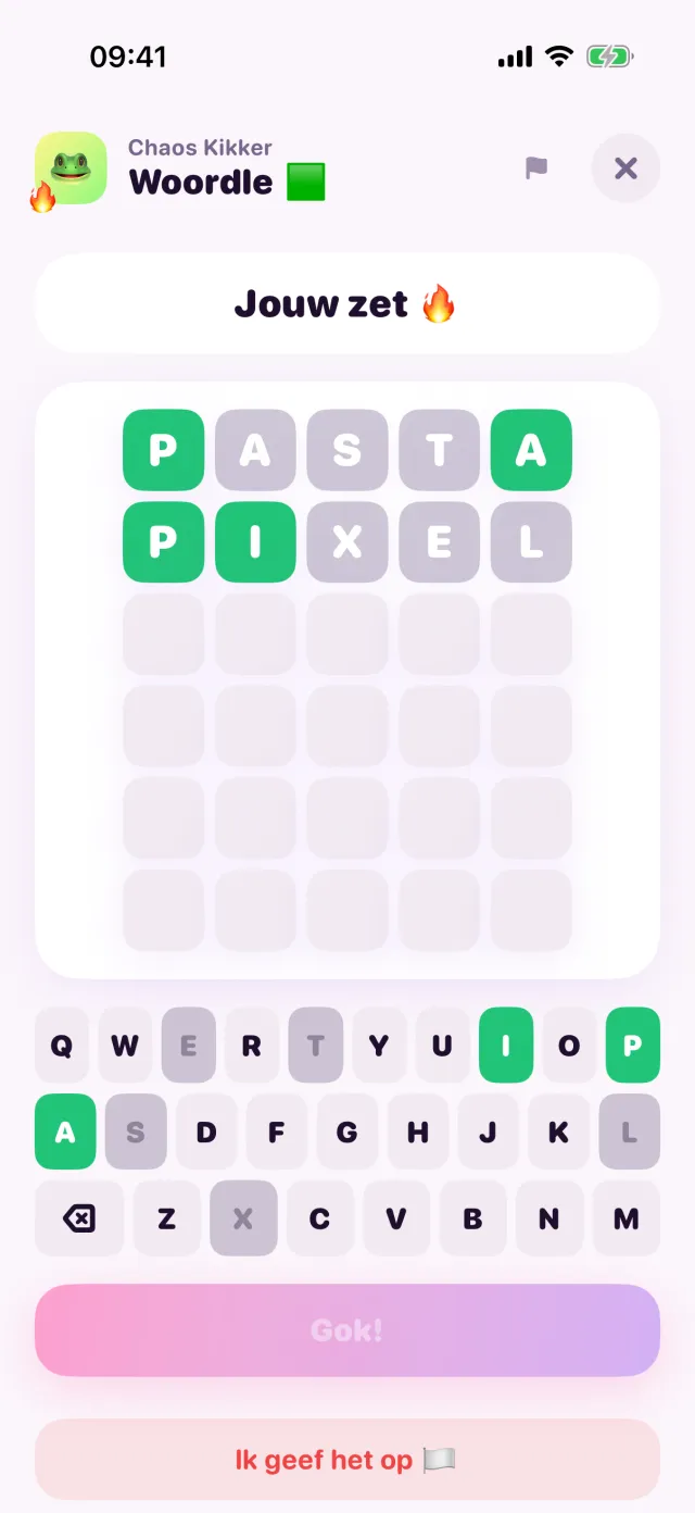 Woordle in porpor, midden in een spelletje.