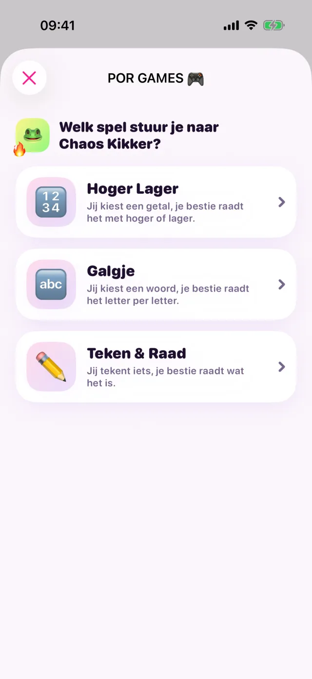 De keuze uit drie POR GAMES: Hoger Lager, Galgje en Teken & Raad.