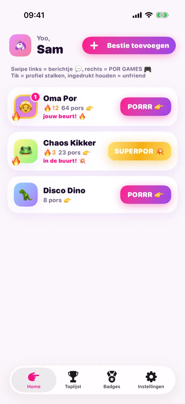 Het beginscherm met een SUPERPOR knop bij een bestie die in de buurt is.