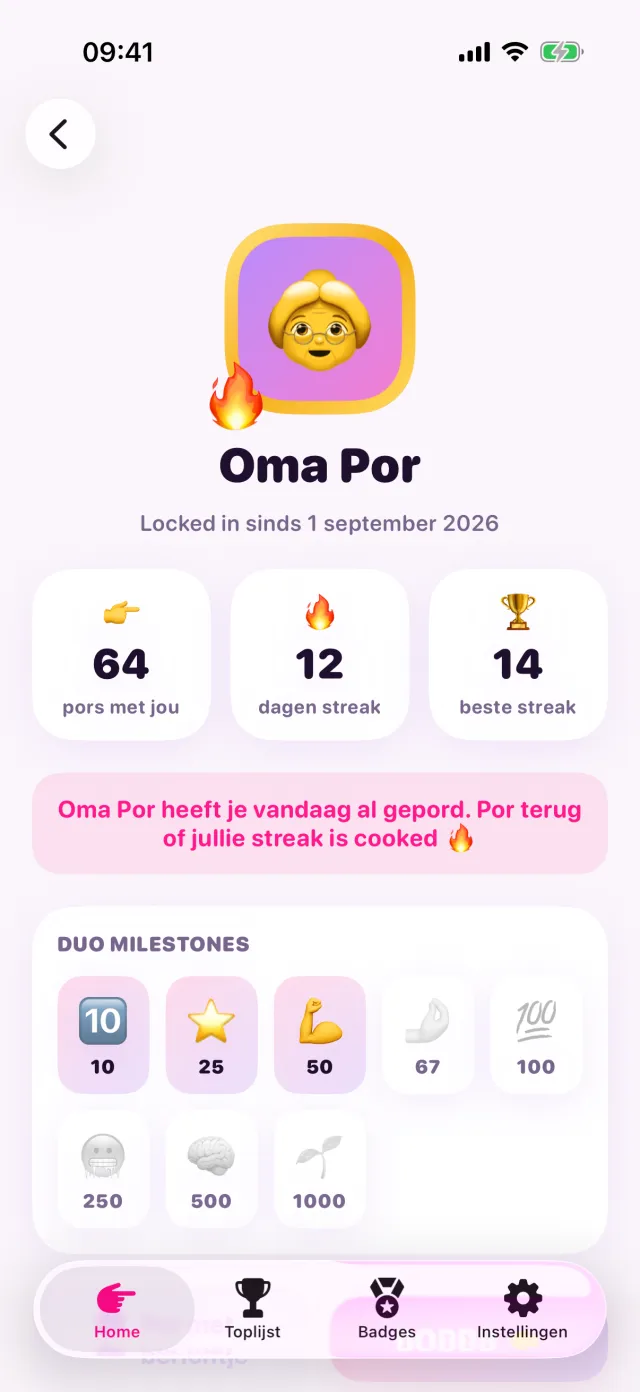 Het profiel van een bestie met het aantal pors, de streak en de duo mijlpalen.