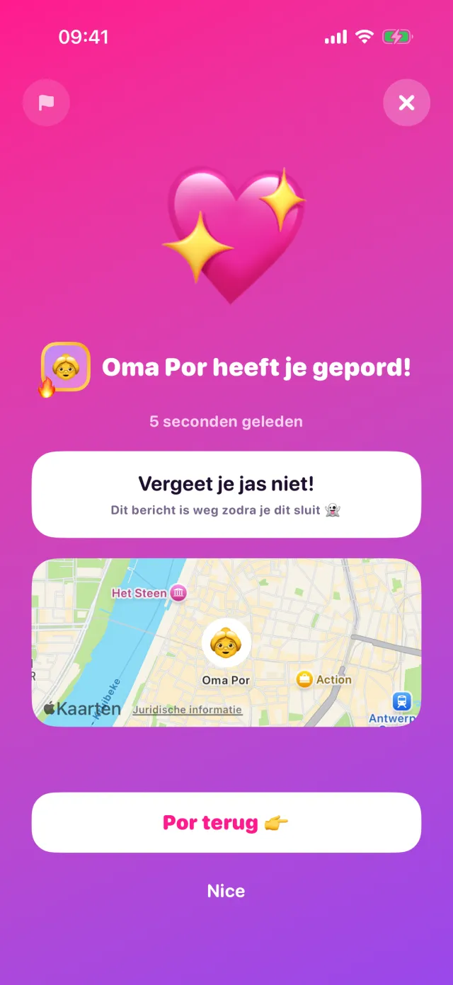 Een ontvangen por met een berichtje dat verdwijnt na het lezen, en een kaart met de locatie.
